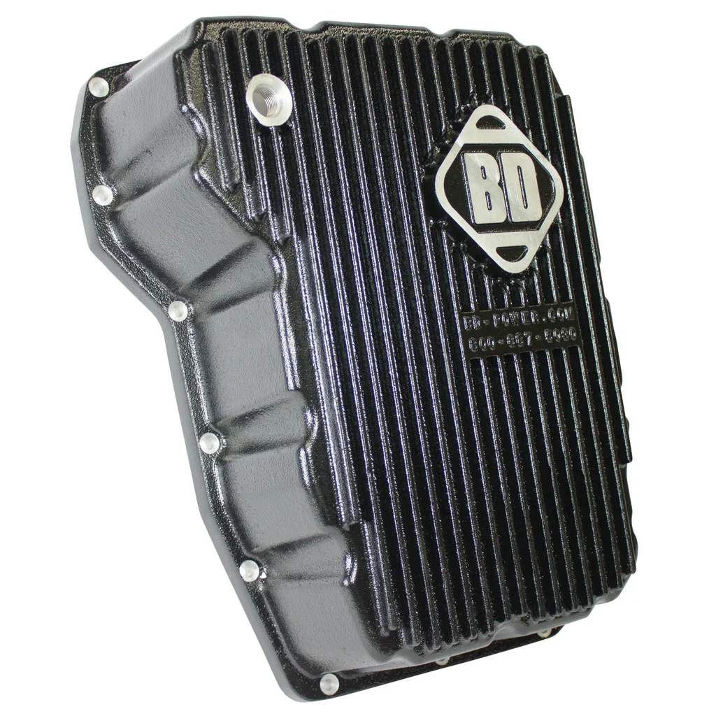 1061525 – BD DIESEL Auto Trans Oil Pan, 68FRE Extra 4-1/2 Quarts Capacity Black Aluminum With Drain Plug